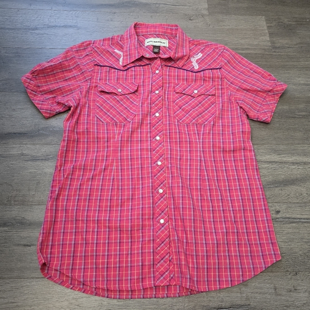 Bit & Bridle Womens Button Up Sjort Sleeve Shirt L Red Plaid Embroidered Accent